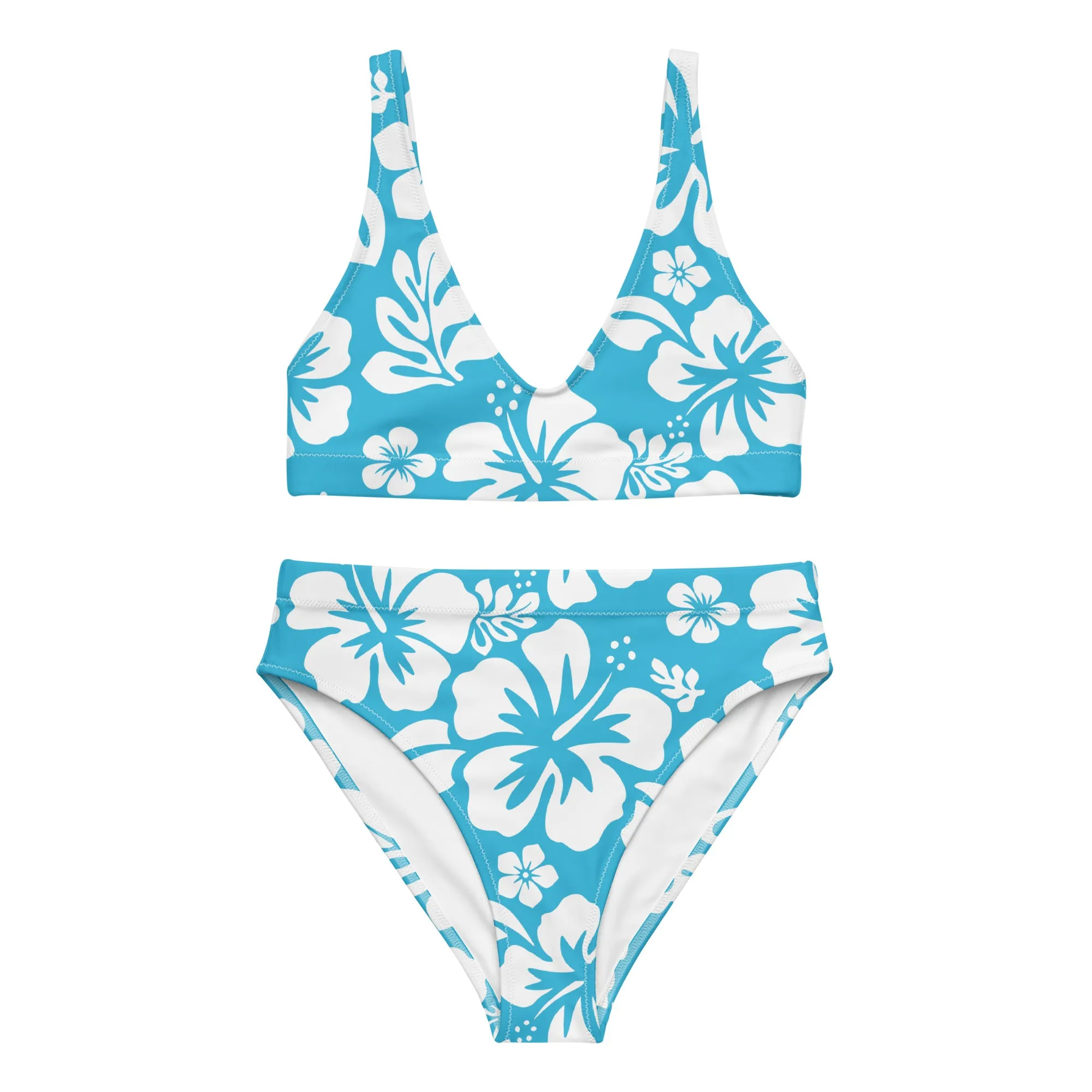 White Hawaiian Flowers on Aqua Ocean Blue High Waisted Bikini