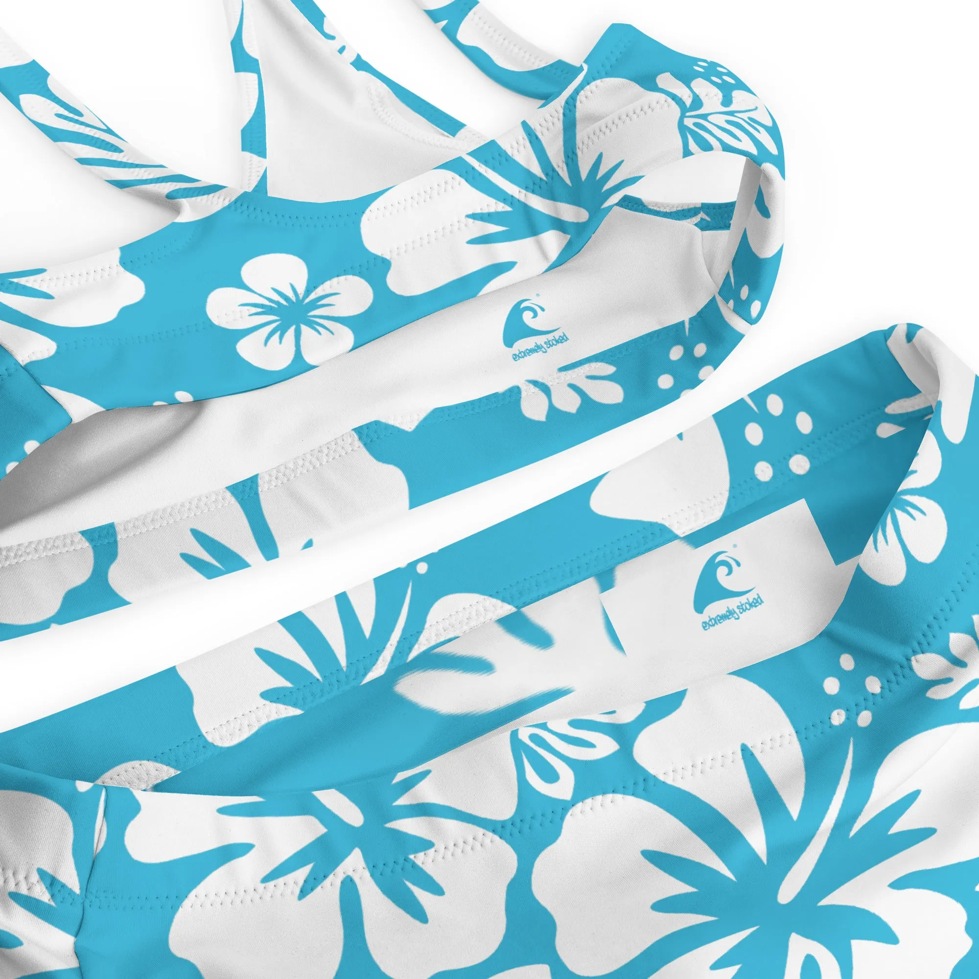 White Hawaiian Flowers on Aqua Ocean Blue High Waisted Bikini