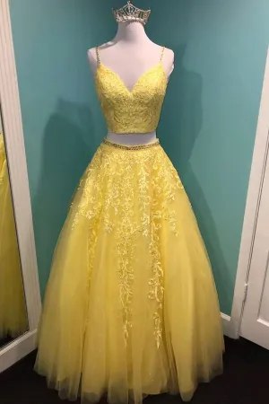 Yellow Lace Two Pieces Prom Dress A-Line Evening Party Dress